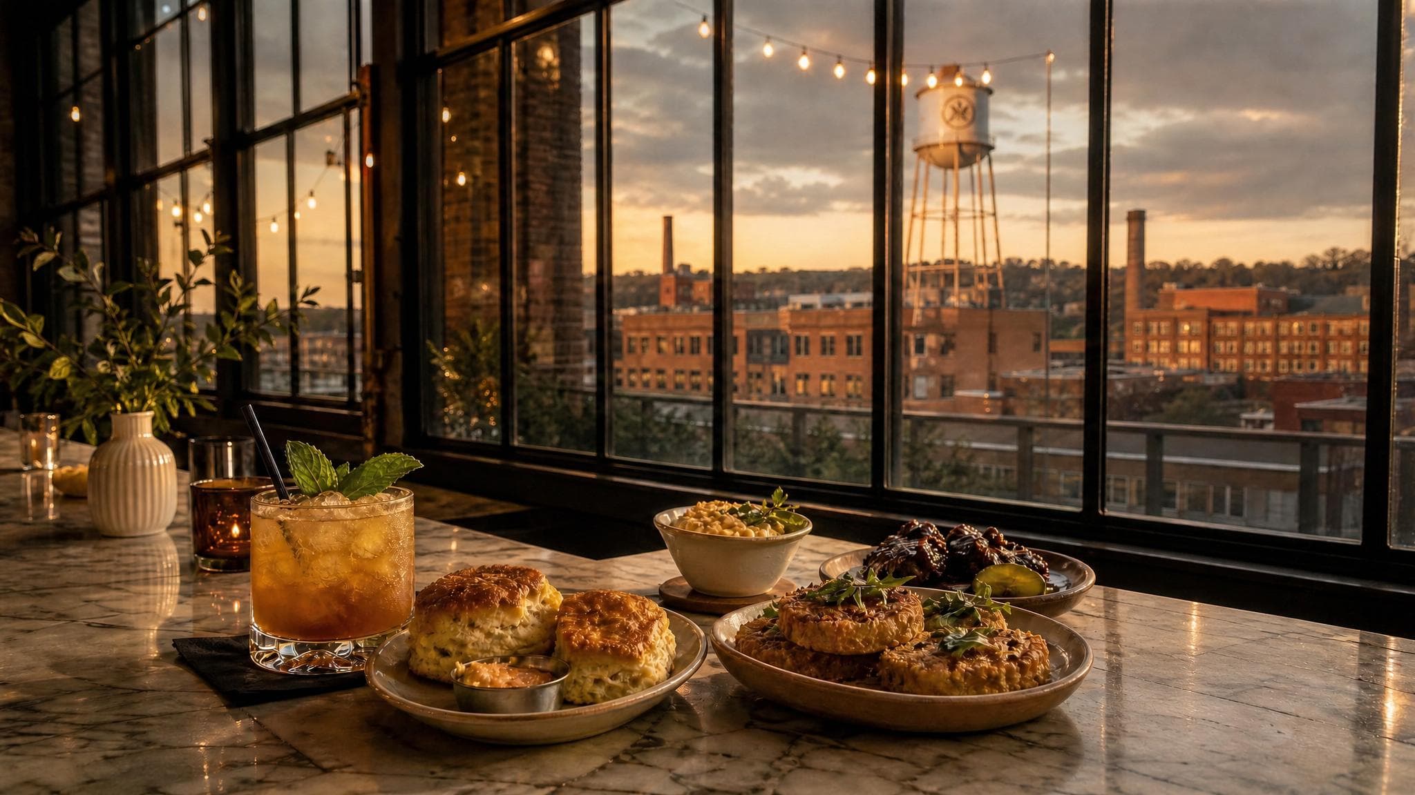 Craft cocktail and Southern small plates with the Durham skyline at golden hour